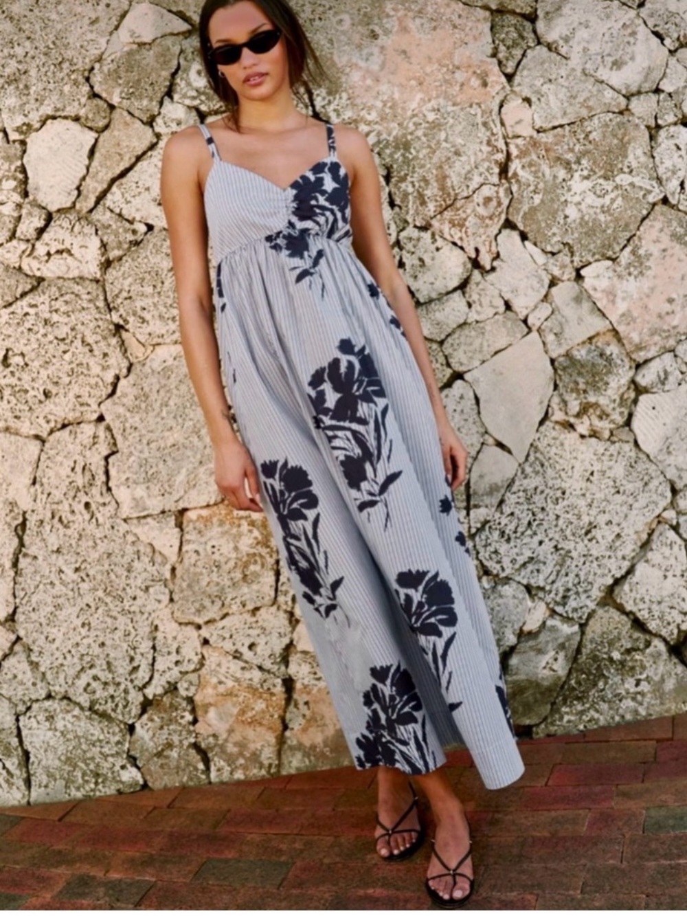 Abercrombie & Fitch Sweetheart Babydoll Maxi Dress Blue Floral Stripe NWT M P - Picture 4 of 16